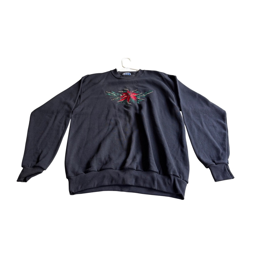 Vintage Black Poinsettia Embroidered Sweatshirt Holiday Made in USA L